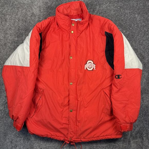 Vintage Champion Ohio State Buckeyes Men’s Large Red White Puffer Jacket 90s - Picture 1 of 10